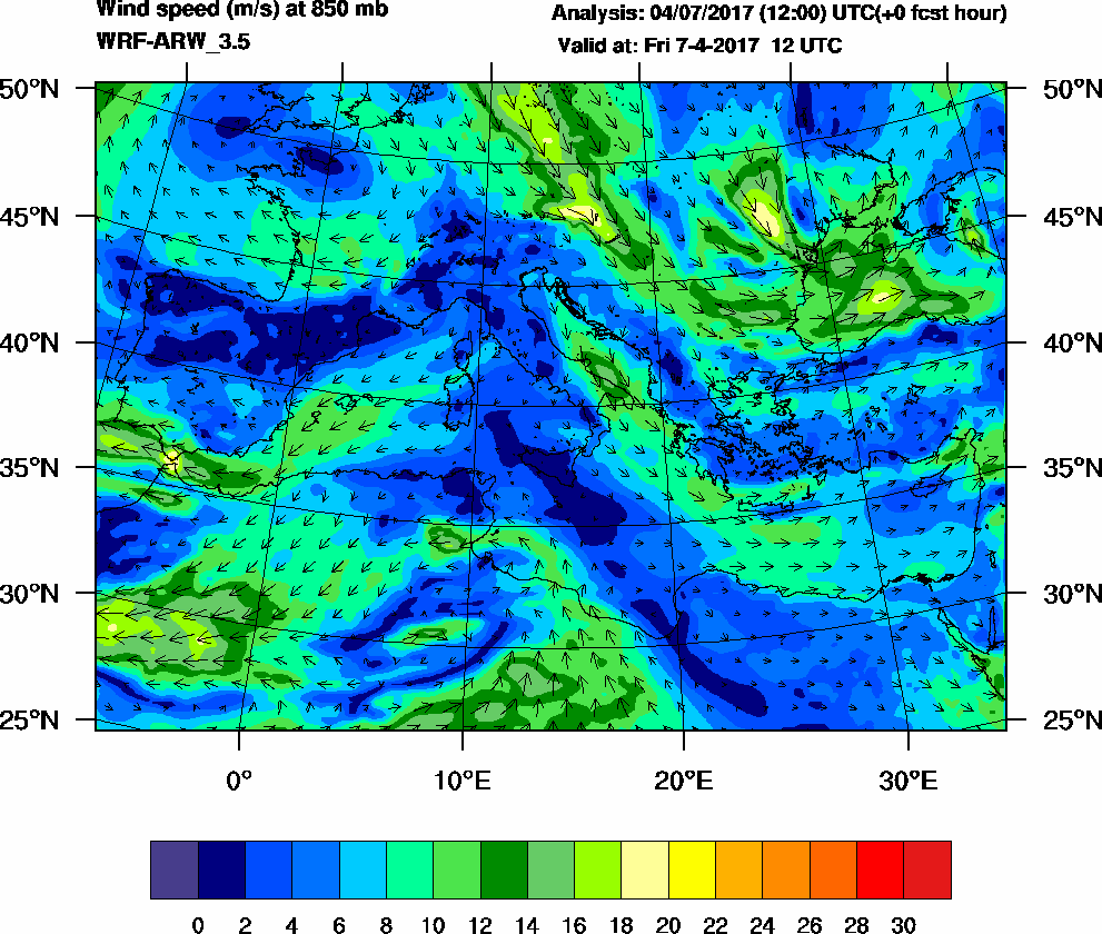 Wind speed (m/s) at 850 mb - 2017-04-07 12:00