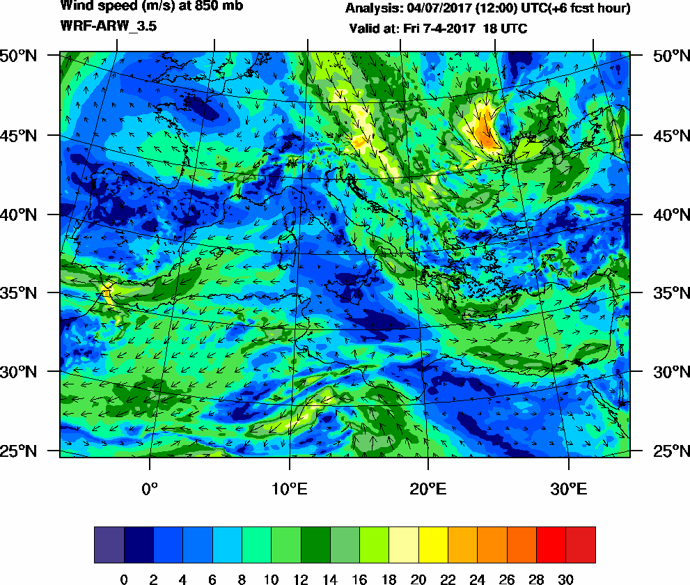 Wind speed (m/s) at 850 mb - 2017-04-07 18:00