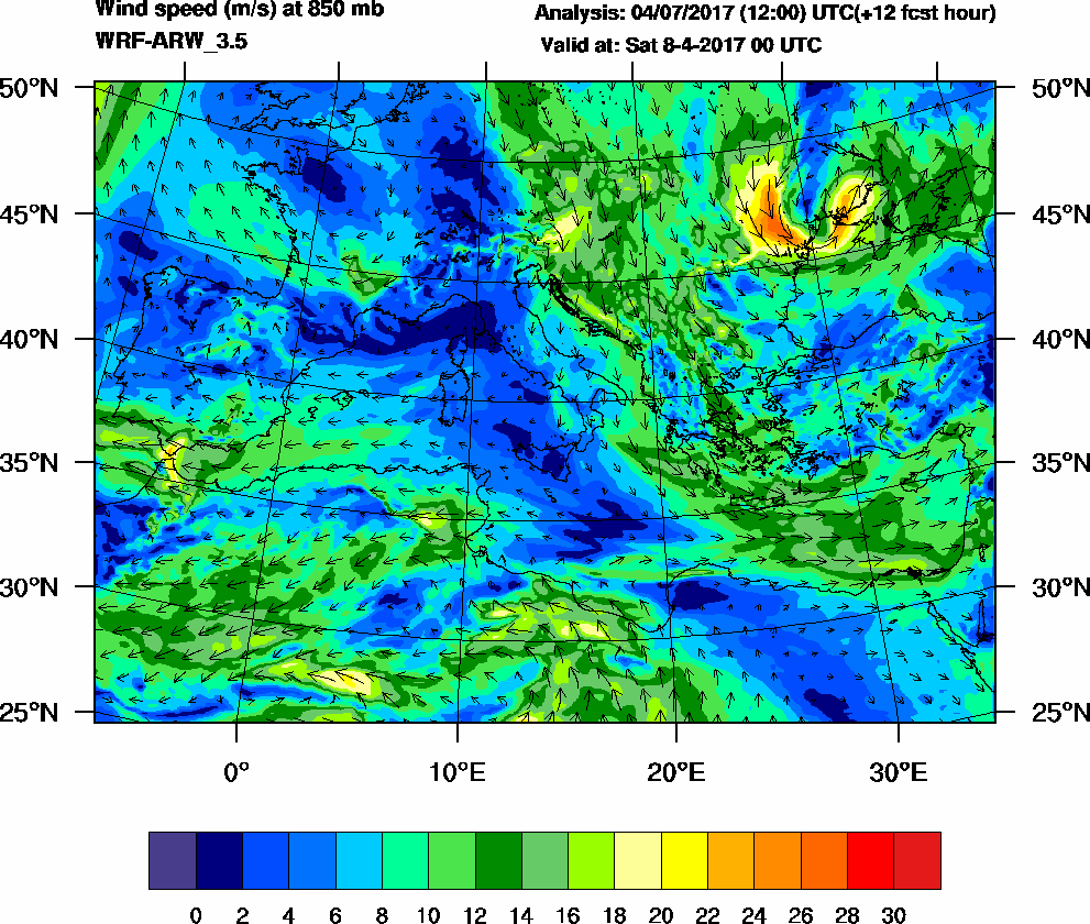 Wind speed (m/s) at 850 mb - 2017-04-08 00:00