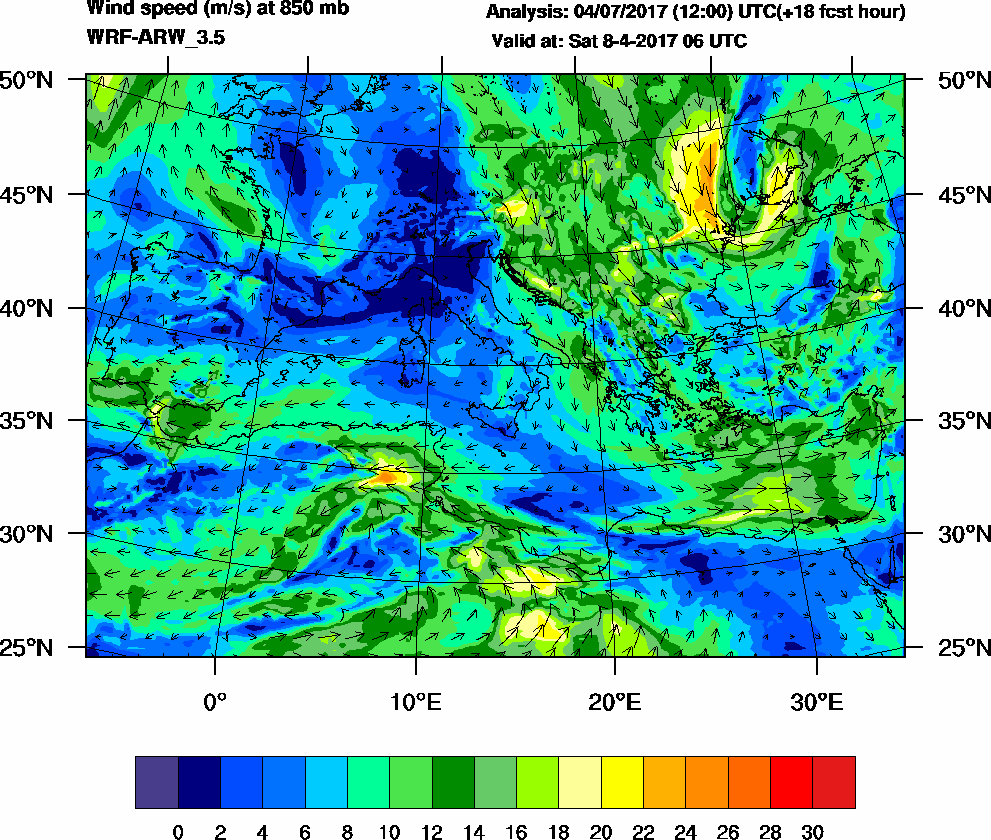 Wind speed (m/s) at 850 mb - 2017-04-08 06:00