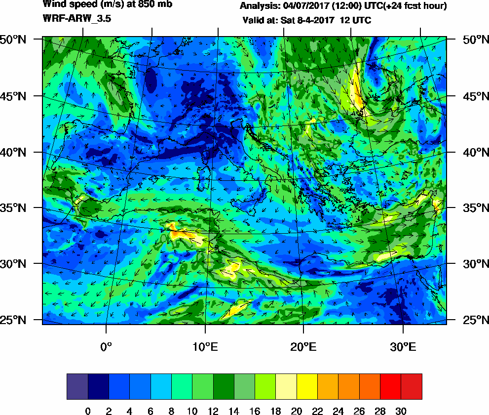 Wind speed (m/s) at 850 mb - 2017-04-08 12:00