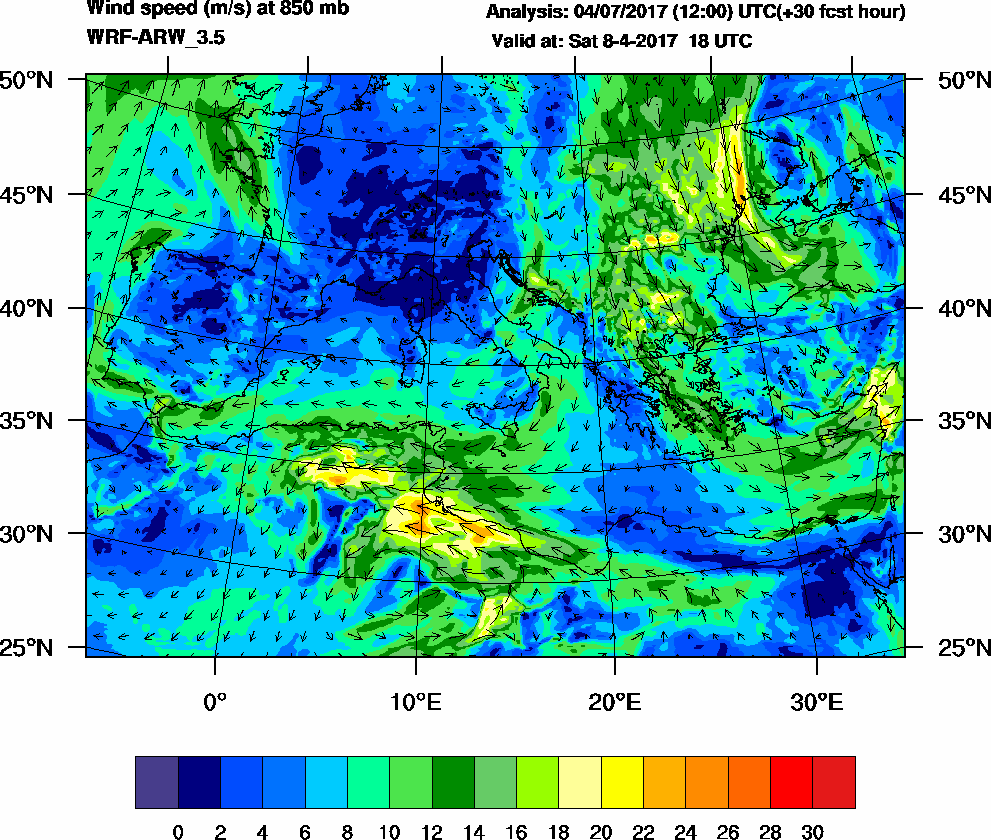 Wind speed (m/s) at 850 mb - 2017-04-08 18:00