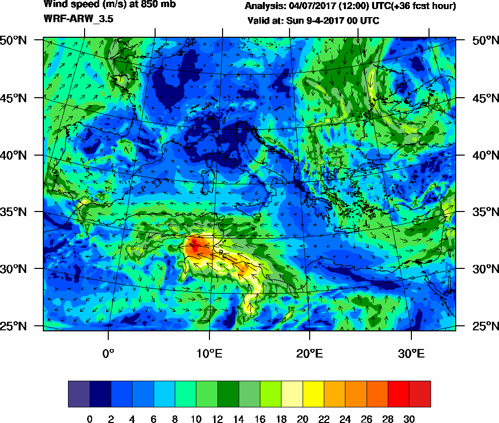 Wind speed (m/s) at 850 mb - 2017-04-09 00:00