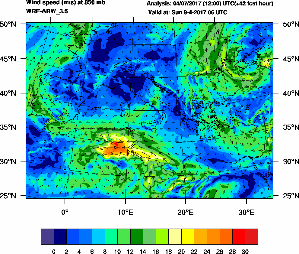 Wind speed (m/s) at 850 mb - 2017-04-09 06:00