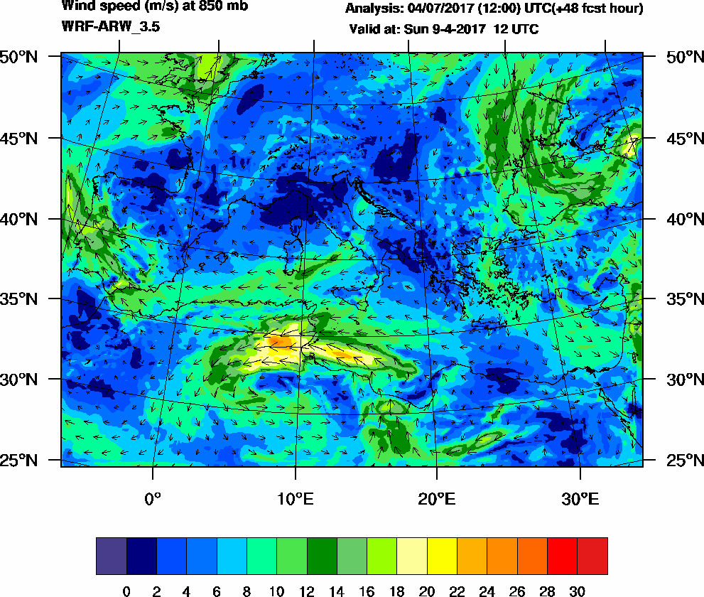 Wind speed (m/s) at 850 mb - 2017-04-09 12:00