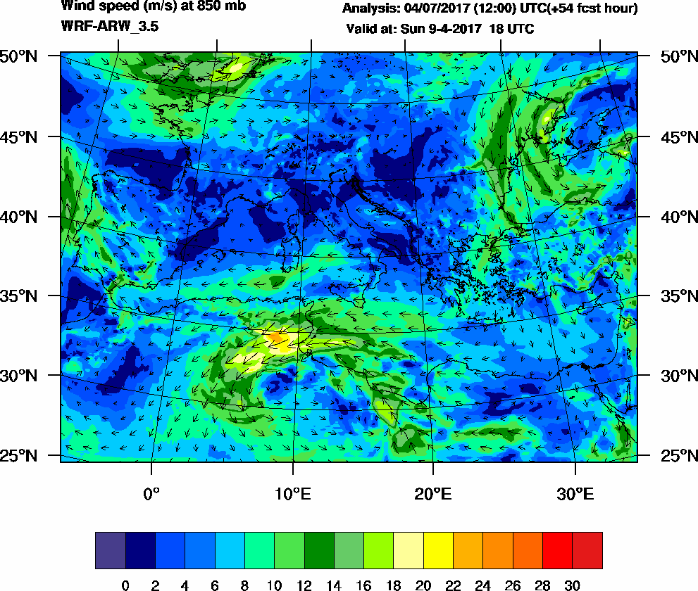 Wind speed (m/s) at 850 mb - 2017-04-09 18:00