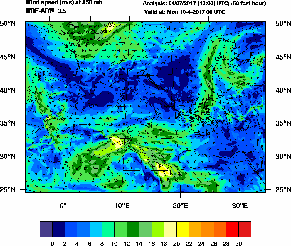 Wind speed (m/s) at 850 mb - 2017-04-10 00:00