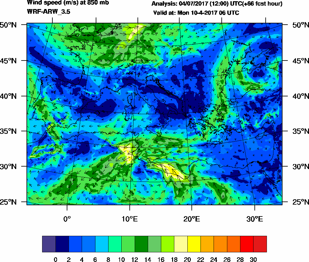 Wind speed (m/s) at 850 mb - 2017-04-10 06:00