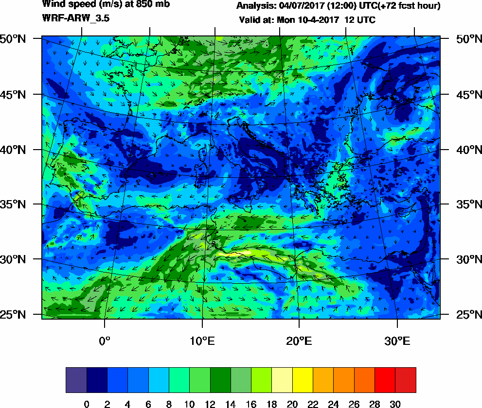 Wind speed (m/s) at 850 mb - 2017-04-10 12:00