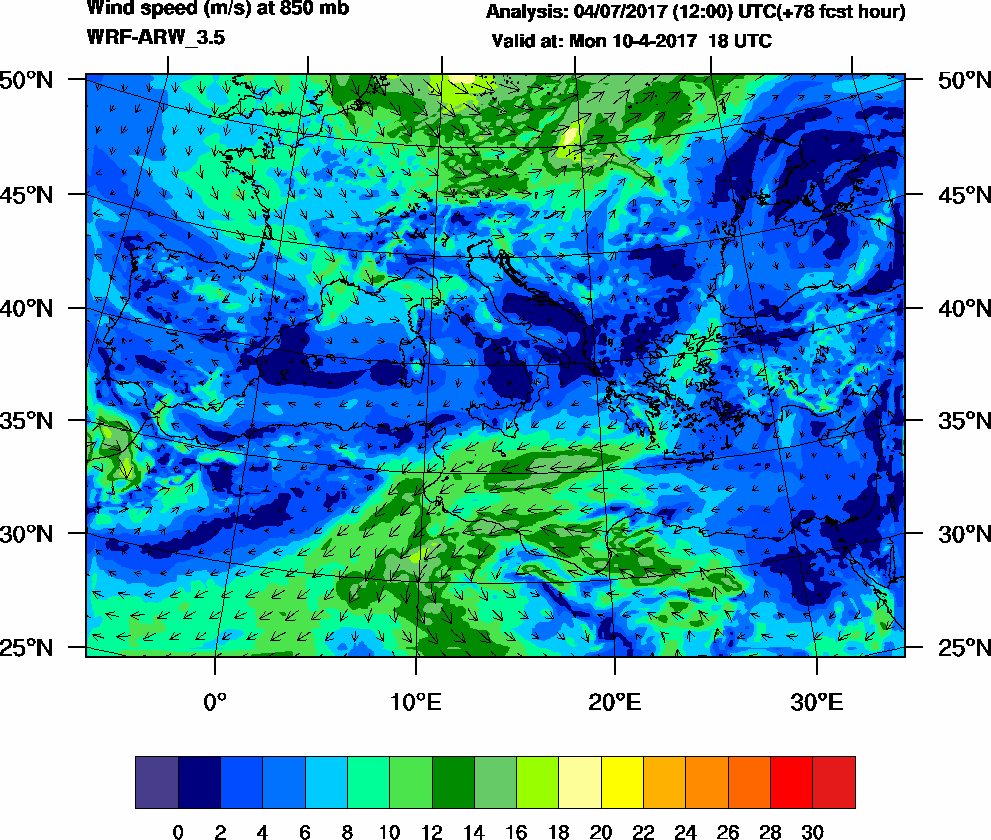 Wind speed (m/s) at 850 mb - 2017-04-10 18:00