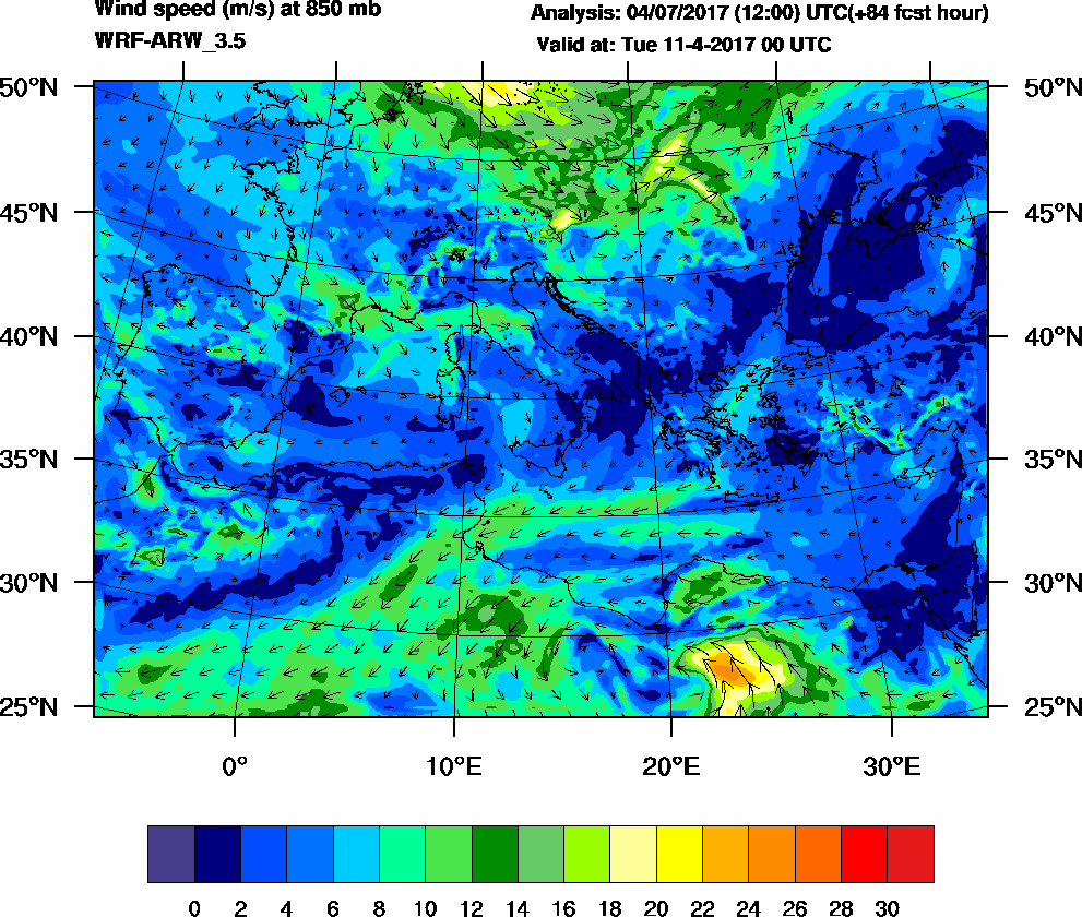 Wind speed (m/s) at 850 mb - 2017-04-11 00:00