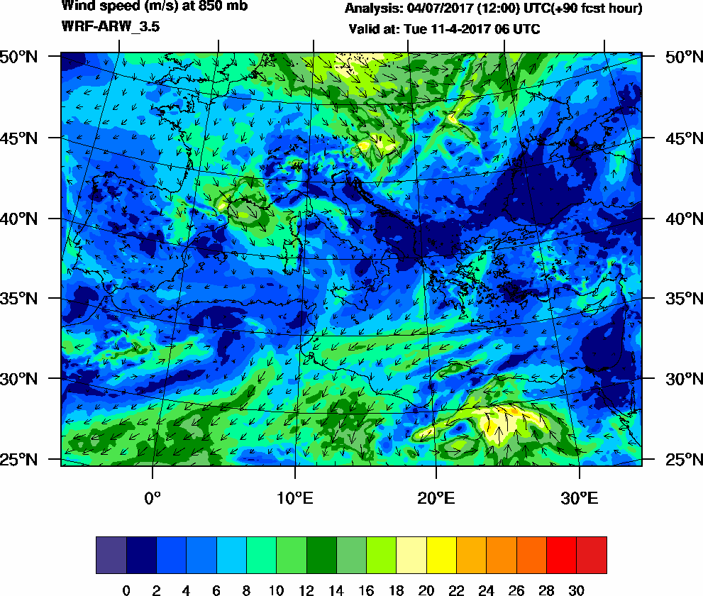 Wind speed (m/s) at 850 mb - 2017-04-11 06:00