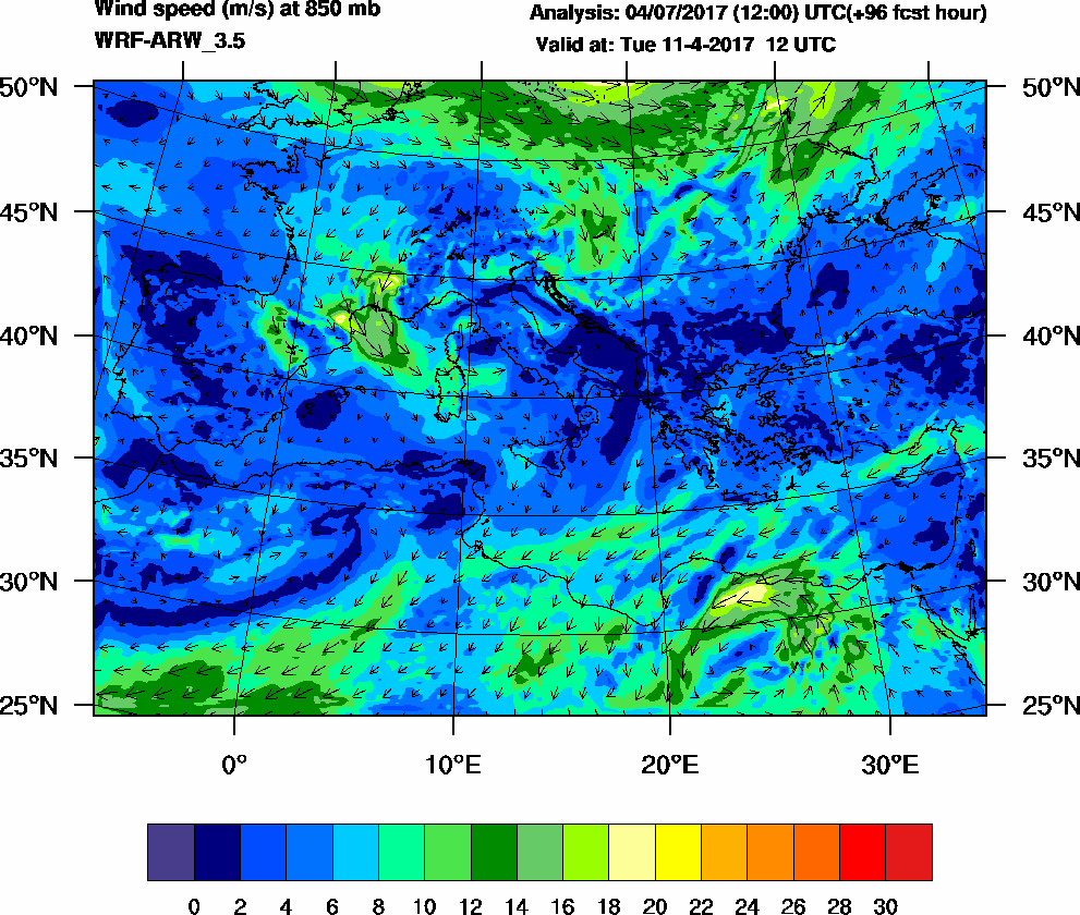 Wind speed (m/s) at 850 mb - 2017-04-11 12:00