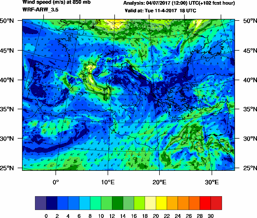 Wind speed (m/s) at 850 mb - 2017-04-11 18:00