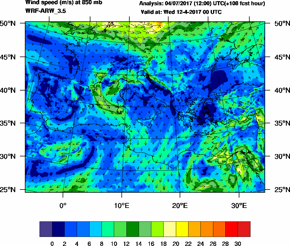 Wind speed (m/s) at 850 mb - 2017-04-12 00:00