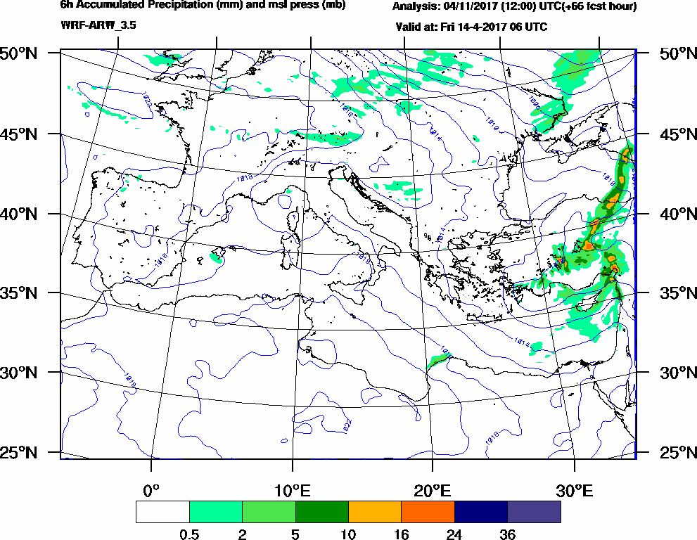 6h Accumulated Precipitation (mm) and msl press (mb) - 2017-04-14 00:00
