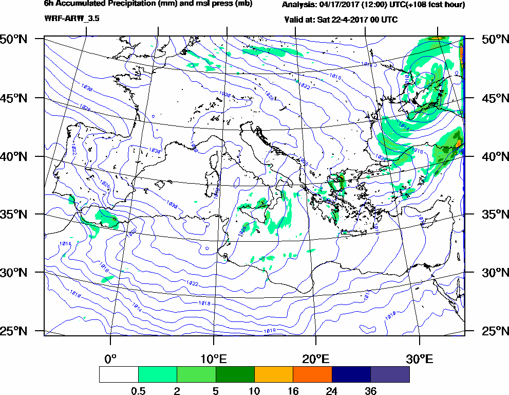 6h Accumulated Precipitation (mm) and msl press (mb) - 2017-04-21 18:00