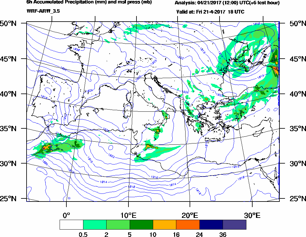 6h Accumulated Precipitation (mm) and msl press (mb) - 2017-04-21 12:00