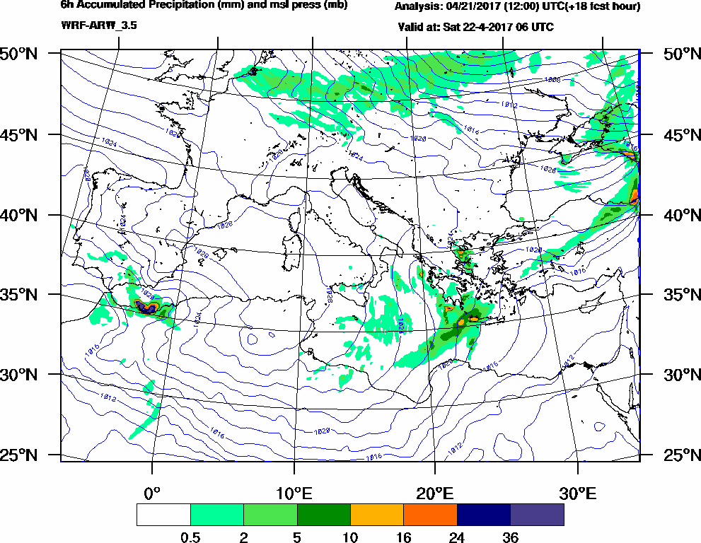 6h Accumulated Precipitation (mm) and msl press (mb) - 2017-04-22 00:00