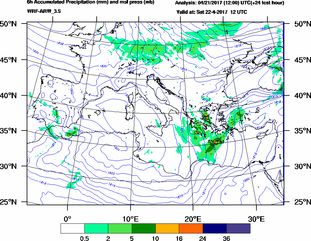 6h Accumulated Precipitation (mm) and msl press (mb) - 2017-04-22 06:00