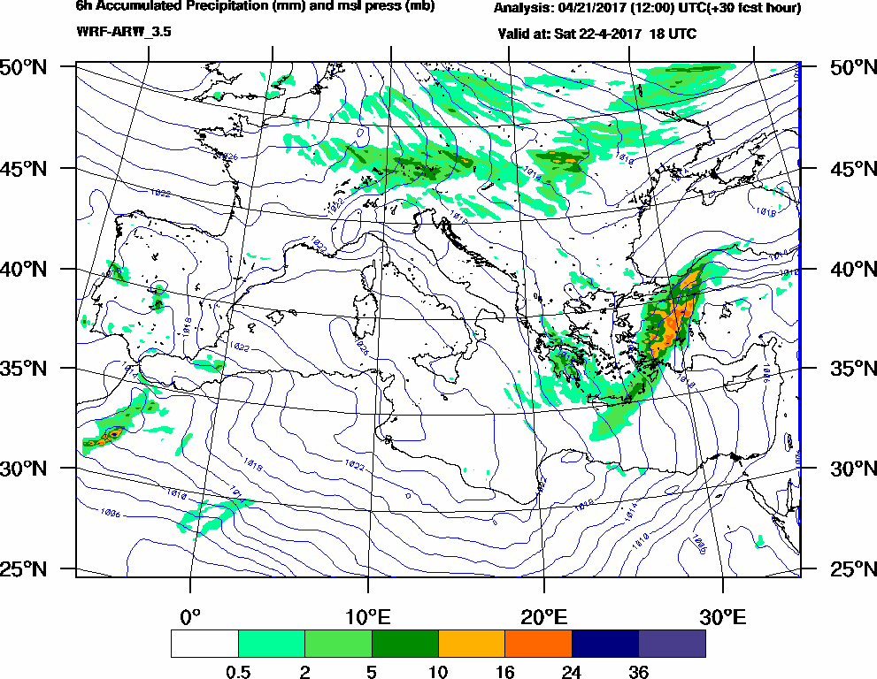 6h Accumulated Precipitation (mm) and msl press (mb) - 2017-04-22 12:00