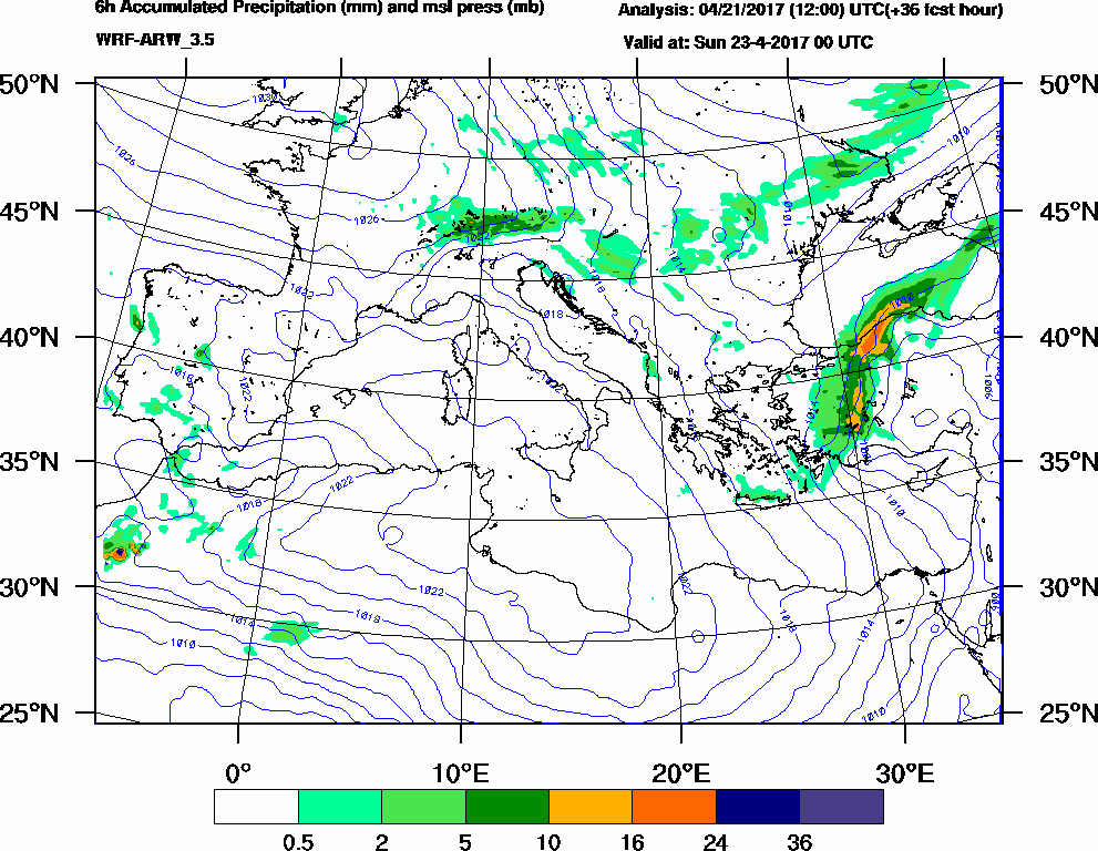 6h Accumulated Precipitation (mm) and msl press (mb) - 2017-04-22 18:00