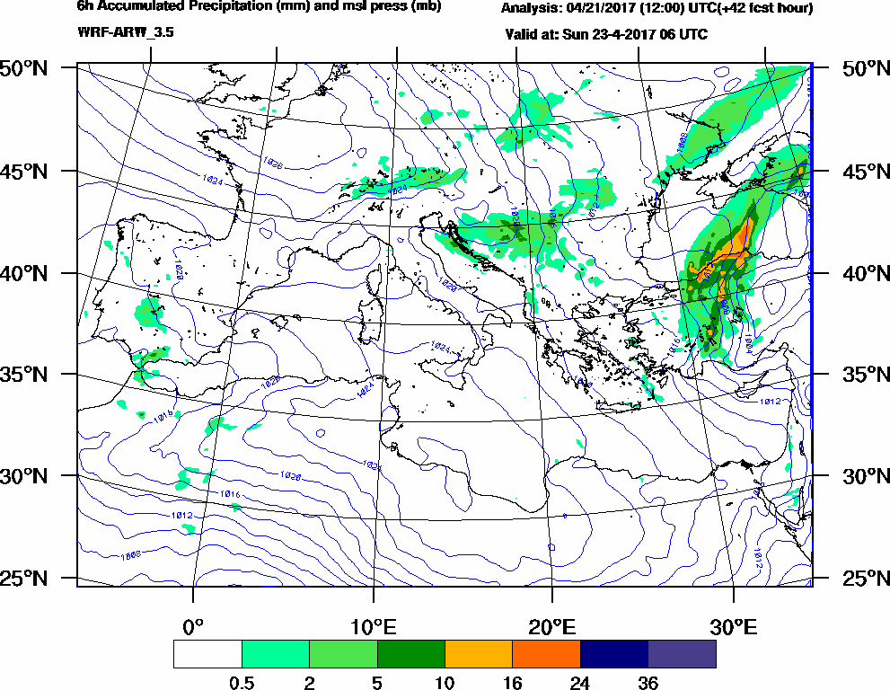 6h Accumulated Precipitation (mm) and msl press (mb) - 2017-04-23 00:00