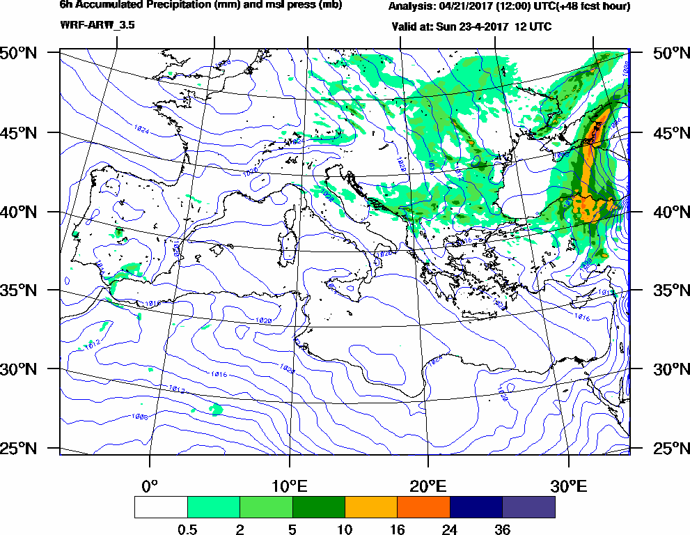 6h Accumulated Precipitation (mm) and msl press (mb) - 2017-04-23 06:00