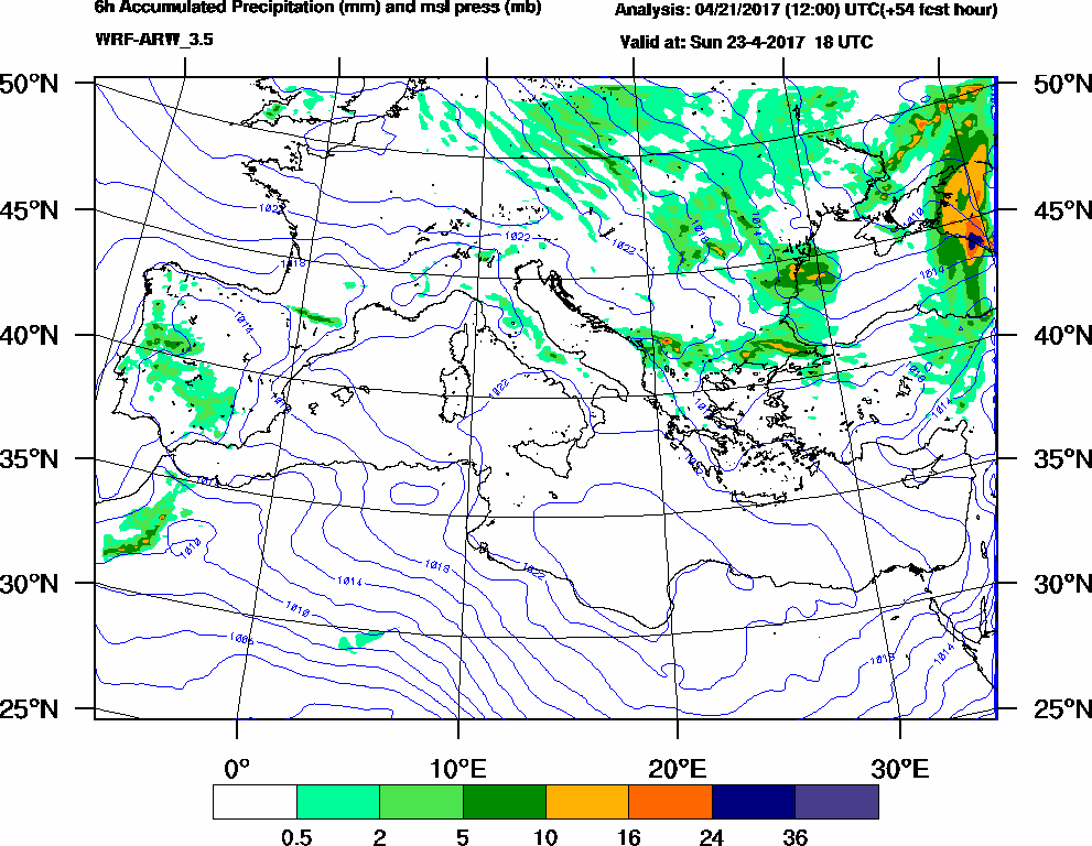 6h Accumulated Precipitation (mm) and msl press (mb) - 2017-04-23 12:00