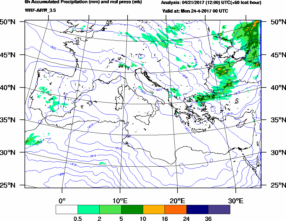 6h Accumulated Precipitation (mm) and msl press (mb) - 2017-04-23 18:00