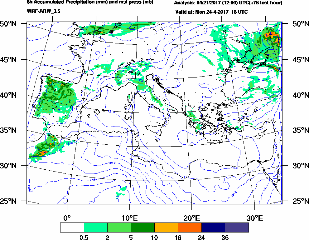 6h Accumulated Precipitation (mm) and msl press (mb) - 2017-04-24 12:00