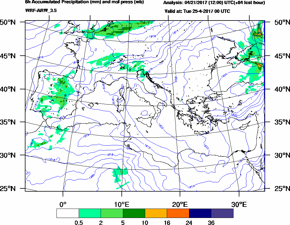 6h Accumulated Precipitation (mm) and msl press (mb) - 2017-04-24 18:00