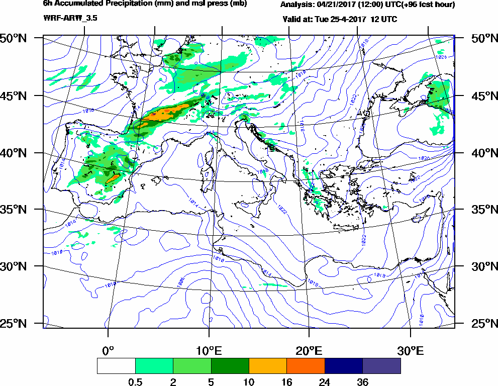 6h Accumulated Precipitation (mm) and msl press (mb) - 2017-04-25 06:00