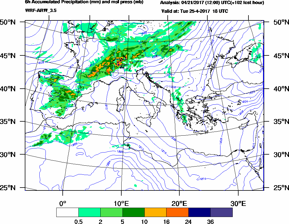 6h Accumulated Precipitation (mm) and msl press (mb) - 2017-04-25 12:00