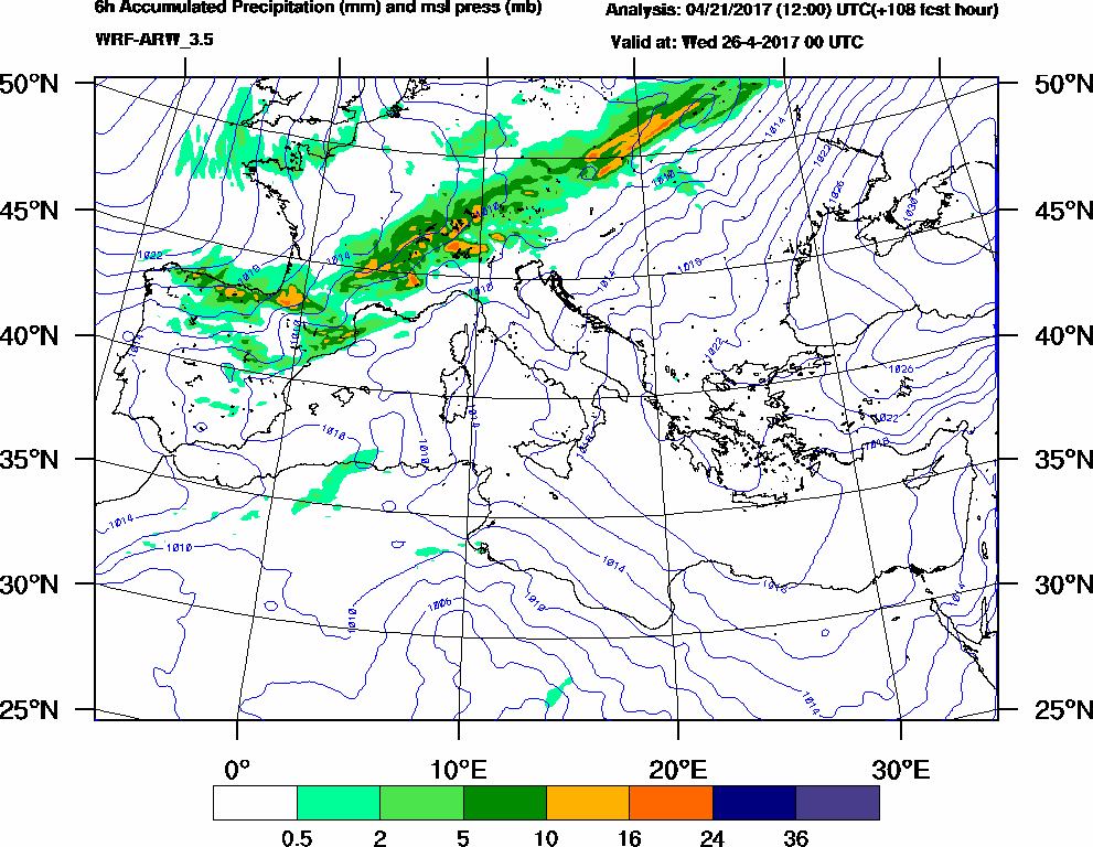 6h Accumulated Precipitation (mm) and msl press (mb) - 2017-04-25 18:00