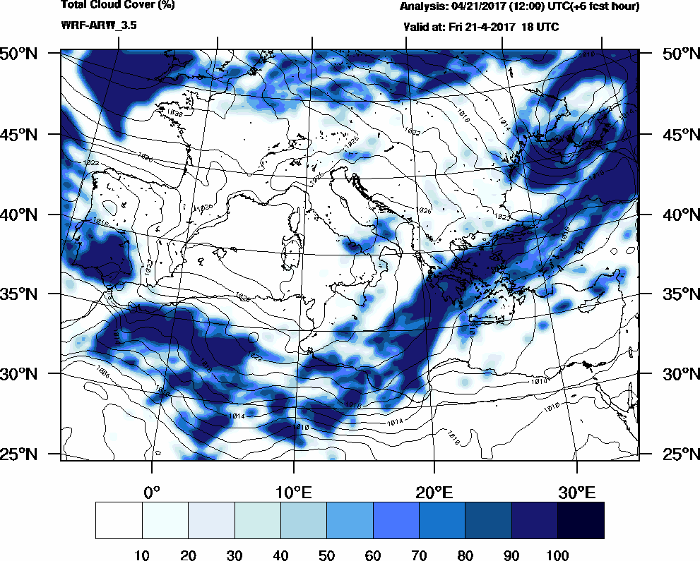 Total cloud cover (%) - 2017-04-21 12:00