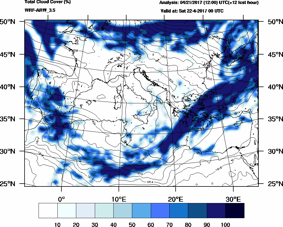 Total cloud cover (%) - 2017-04-21 18:00