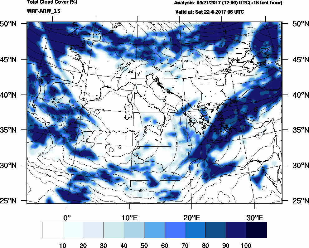 Total cloud cover (%) - 2017-04-22 00:00