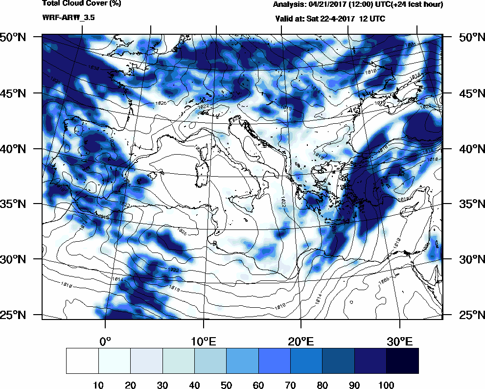 Total cloud cover (%) - 2017-04-22 06:00