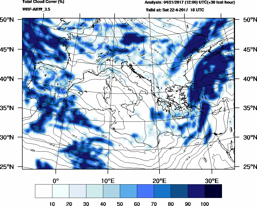 Total cloud cover (%) - 2017-04-22 12:00