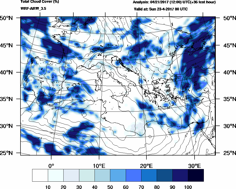 Total cloud cover (%) - 2017-04-22 18:00