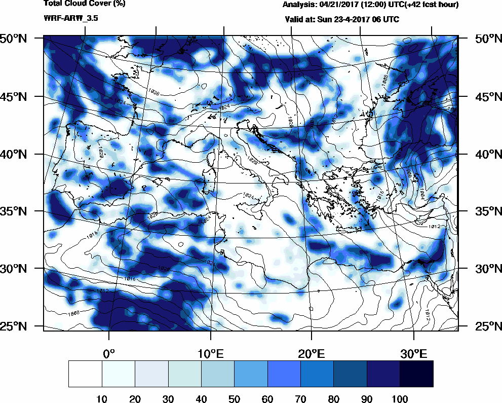 Total cloud cover (%) - 2017-04-23 00:00