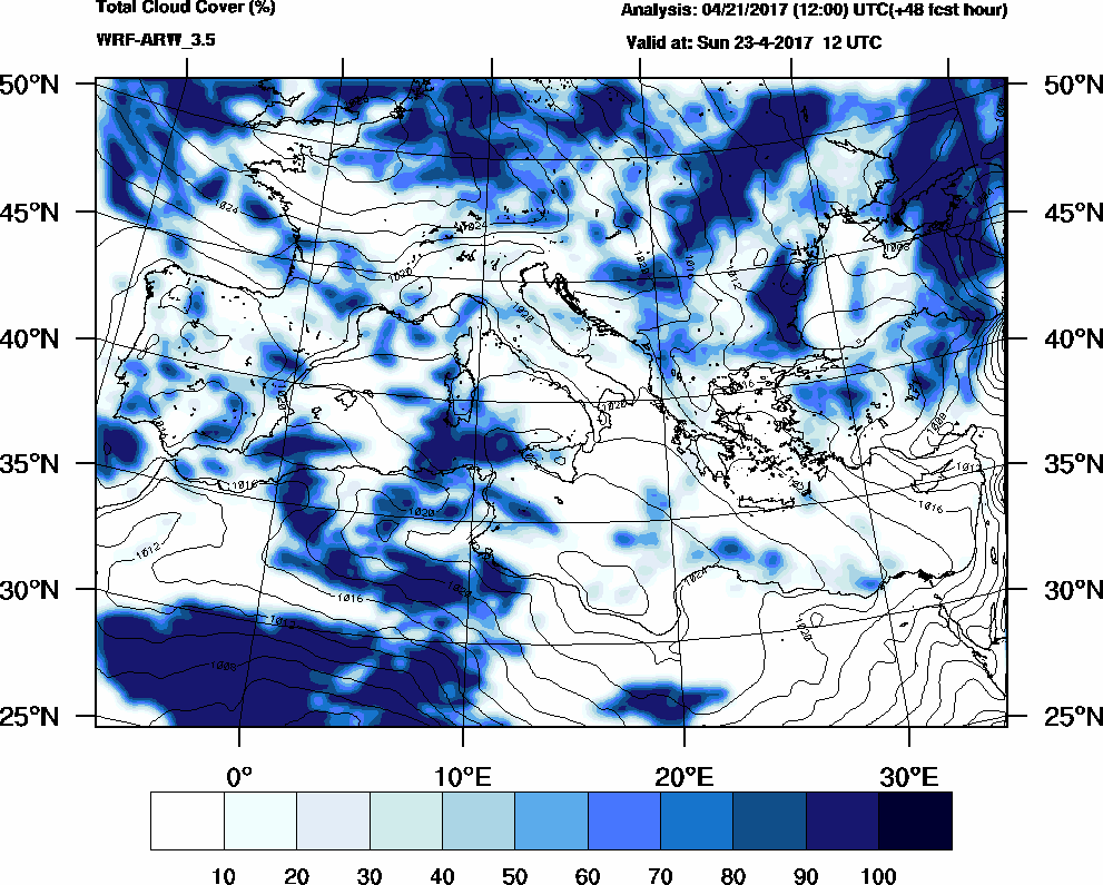 Total cloud cover (%) - 2017-04-23 06:00