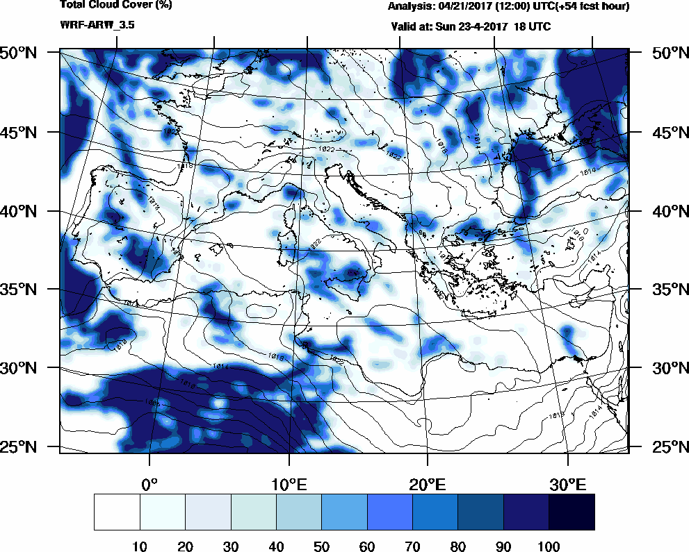 Total cloud cover (%) - 2017-04-23 12:00