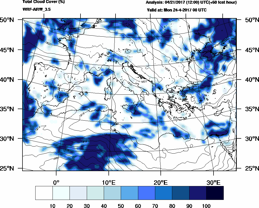 Total cloud cover (%) - 2017-04-23 18:00