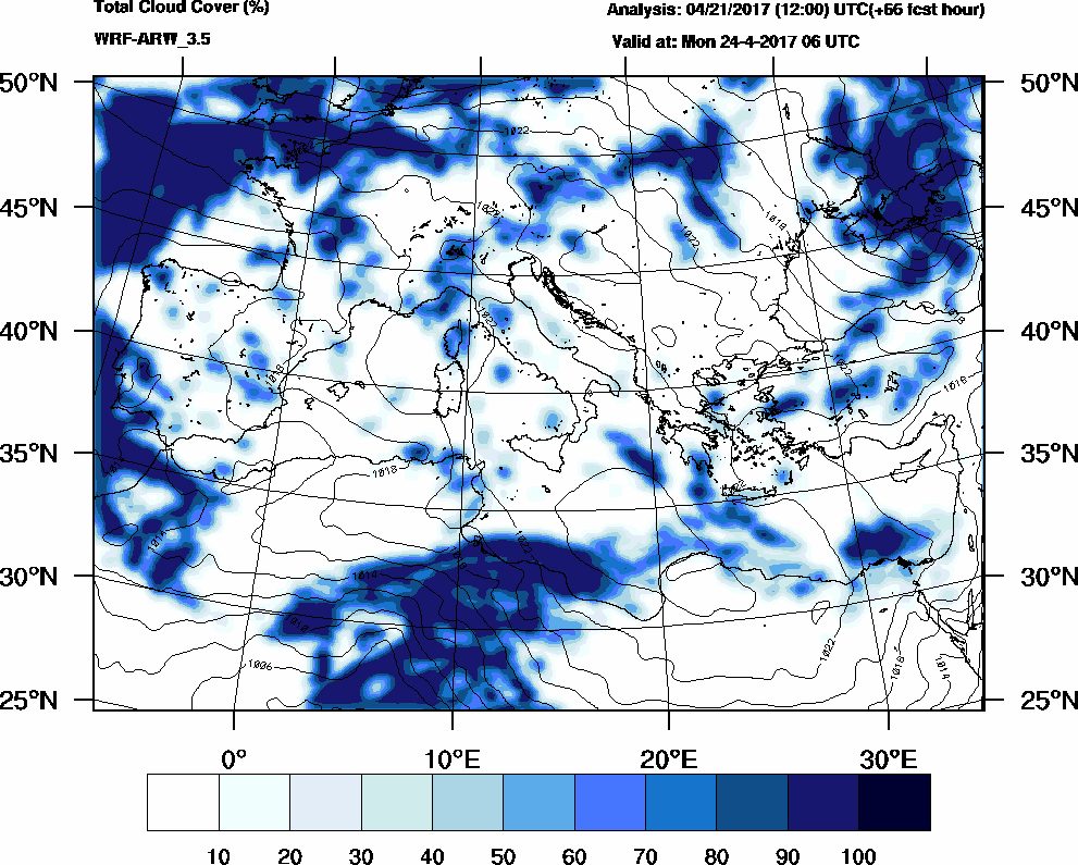 Total cloud cover (%) - 2017-04-24 00:00