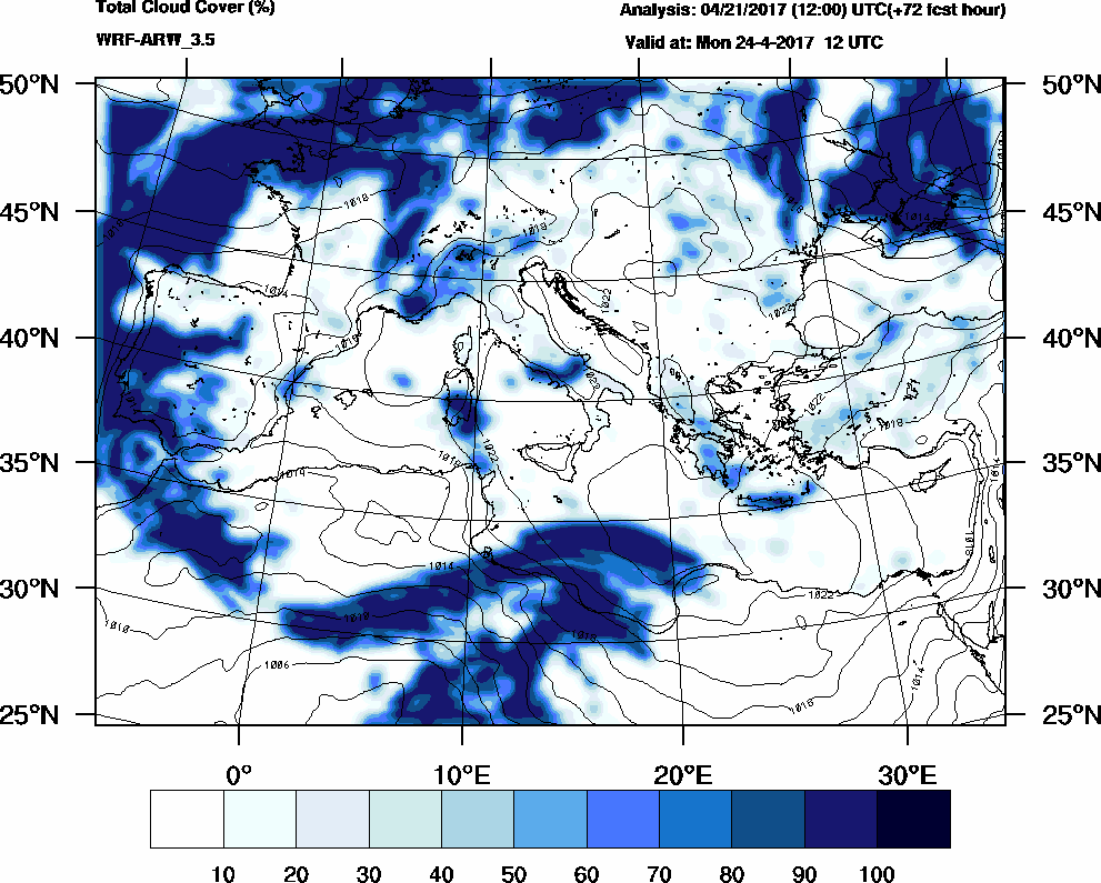 Total cloud cover (%) - 2017-04-24 06:00