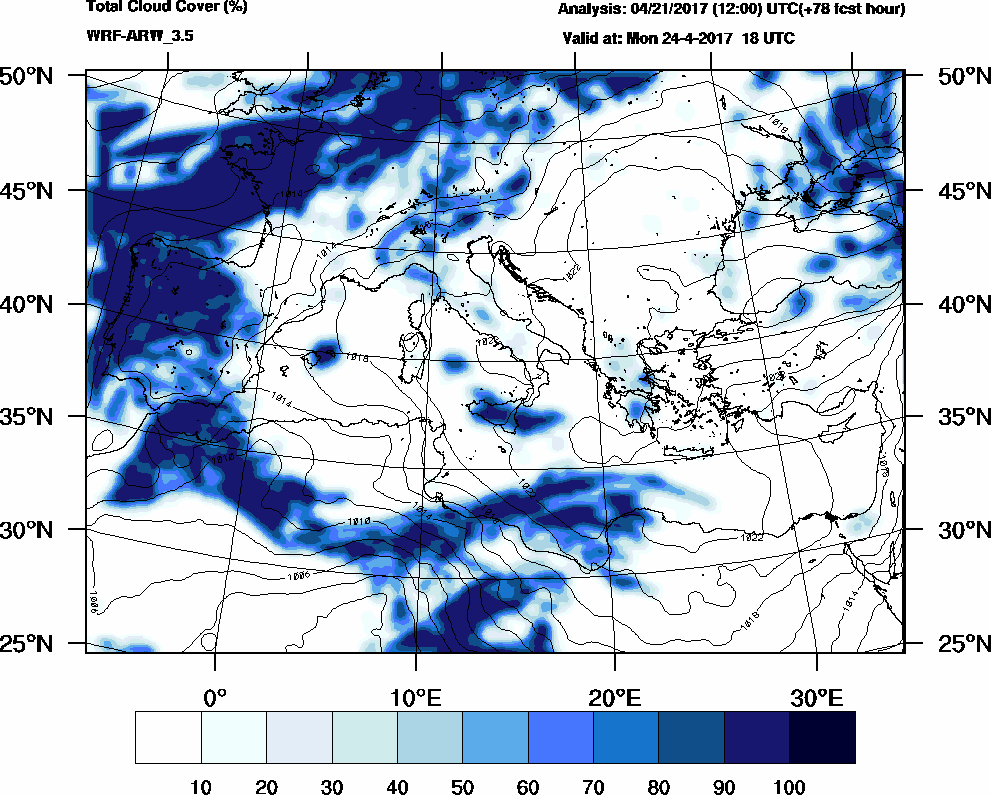 Total cloud cover (%) - 2017-04-24 12:00