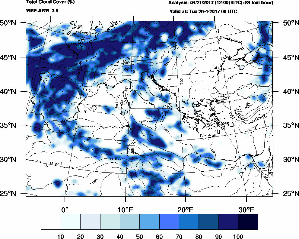 Total cloud cover (%) - 2017-04-24 18:00