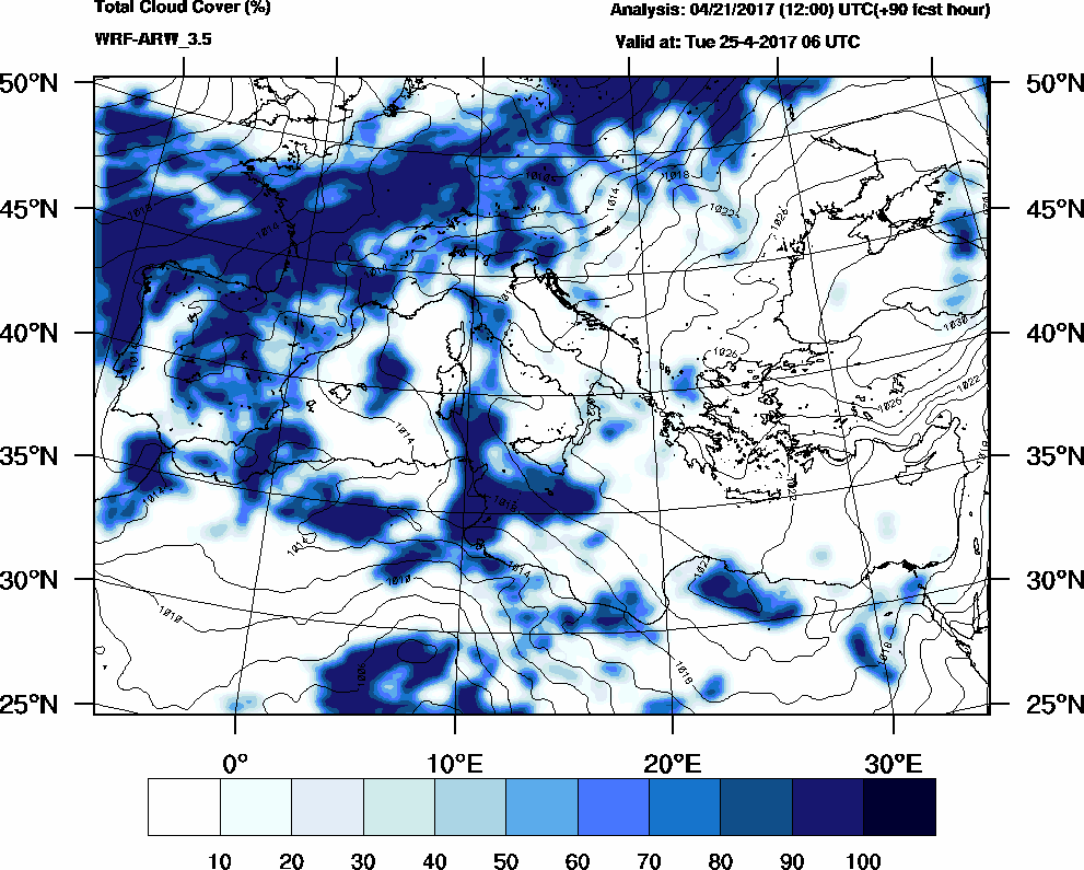 Total cloud cover (%) - 2017-04-25 00:00